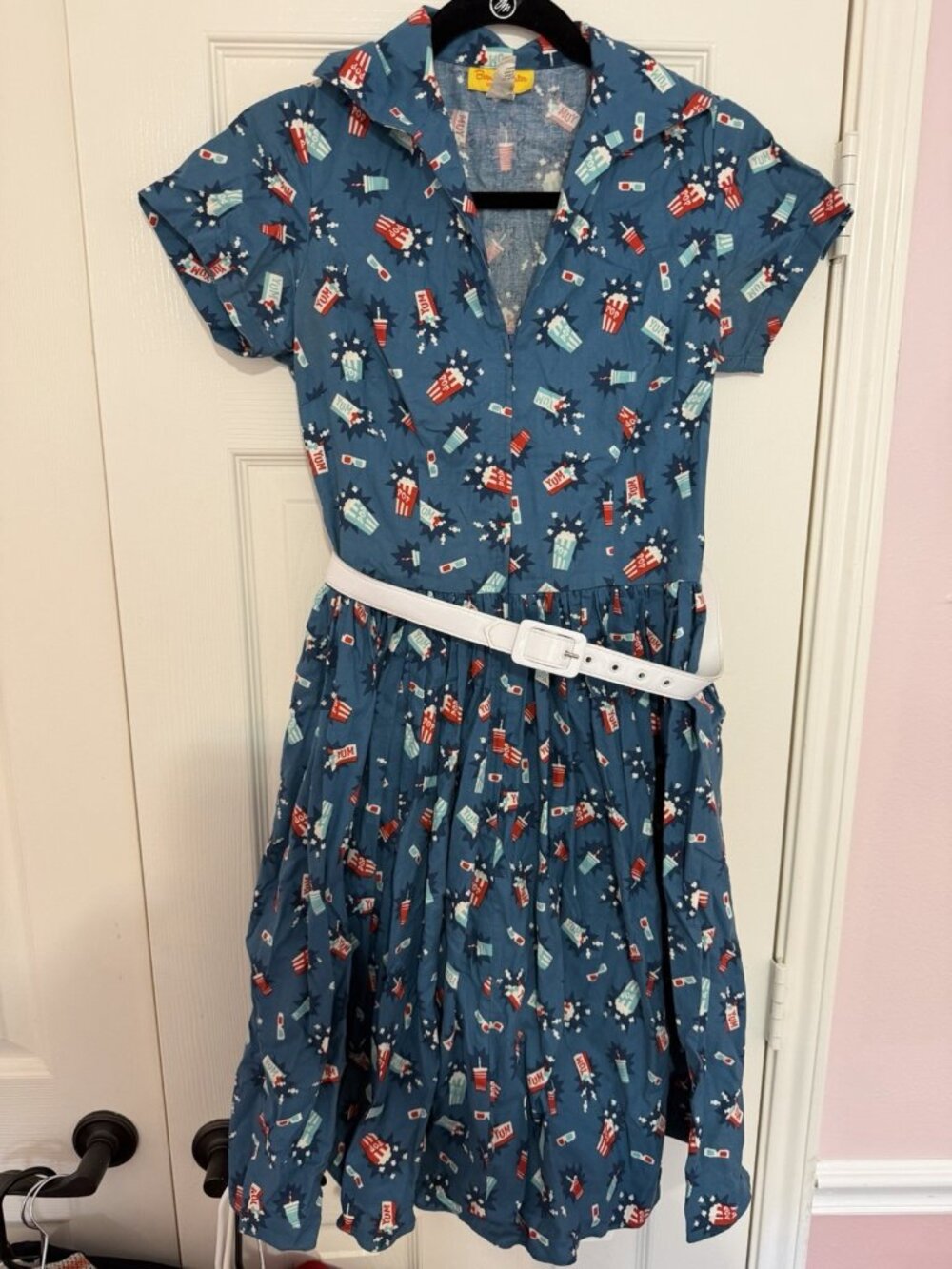 Bernie Dexter Blue Skater Dress in Let Me Entertain You Popcorn Yum Sz Medium